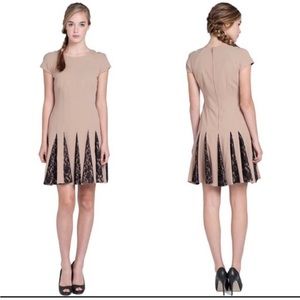 Belle Badgley Mischka Tan Short Sleeve Fit and Flare Dress w Lace Pleats size 12